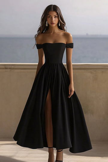 Off The Shoulder A Line Black Tie Dress with Slit